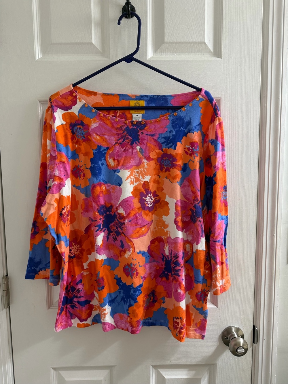 Ruby Rd. Orange Pink Blue Floral Boatneck Top Woman Flower 1X